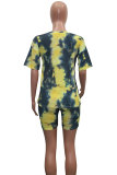 Dark Blue Fashion Sexy adult Patchwork Print Tie Dye Two Piece Suits Straight Short Sleeve Two Pieces