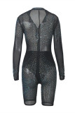 White Casual Fashion Mesh zipper Sequin perspective Asymmetrical Long Sleeve Turndown Collar 