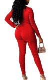 Red Fashion Sexy Adult Solid Fold O Neck Long Sleeve Regular Sleeve Short Two Pieces