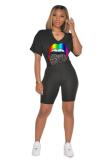 Black Fashion adult Street Patchwork Print Lips Print pencil Short Sleeve Two Pieces