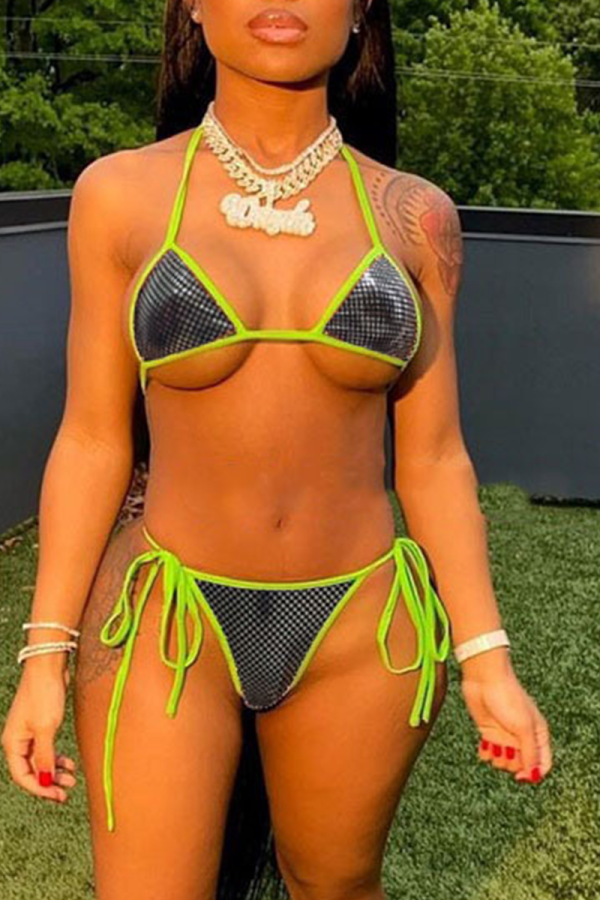 Fluorescent Green Sexy Sweet Patchwork Draw String Swimwears
