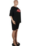 Red Fashion Casual adult Ma'am Print Two Piece Suits Lips Print Straight Short Sleeve Two Pieces