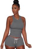 Light Blue knit Sexy Patchwork Two Piece Suits Solid Straight Sleeveless Two-Piece Short Set