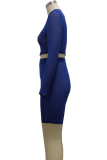 Blue Casual Solid Patchwork Half A Turtleneck Long Sleeve Two Pieces
