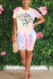 Pink Casual Letter Print Tie Dye Straight Short Sleeve Two Pieces