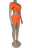 Tangerine Red Sportswear Solid Patchwork U Neck Short Sleeve Two Pieces