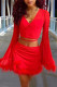 Red Fashion Sexy Solid Leopard Patchwork V Neck Long Sleeve Two Pieces