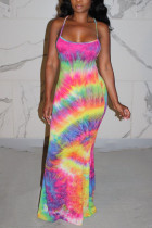 colour Fashion Sexy adult Ma'am colour Spaghetti Strap Sleeveless Slip Hip skirt Floor-Length Print backless Dresses