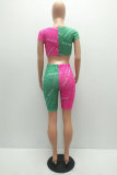 Fluorescent green Fashion adult Street Letter Patchwork Print Bandage Two Piece Suits HOLLOWED OUT pencil Short Sleeve Two Pieces