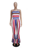 Blue Fashion Casual Draped Print Striped Sleeveless Slip Jumpsuits