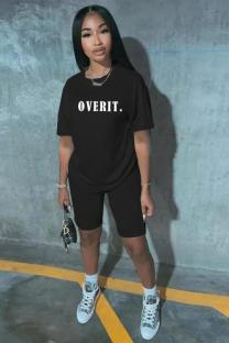 Black Fashion adult Active Letter Print Two Piece Suits Patchwork Straight Short Sleeve Two-Pie