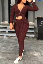 Coffee Casual Knitting Patchwork Solid Patchwork Pullovers Pants Knotted V Neck Long Sleeve Regular Sleeve Short Two Pieces