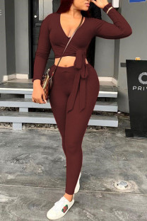 Coffee Casual Knitting Patchwork Solid Patchwork Pullovers Pants Knotted V Neck Long Sleeve Regular Sleeve Short Two Pieces