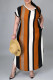 Brown Fashion Casual Plus Size Striped Print Slit V Neck Short Sleeve Dress