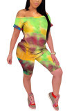 Blue Fashion adult OL Patchwork Print Tie Dye Two Piece Suits pencil Short Sleeve Two Pieces