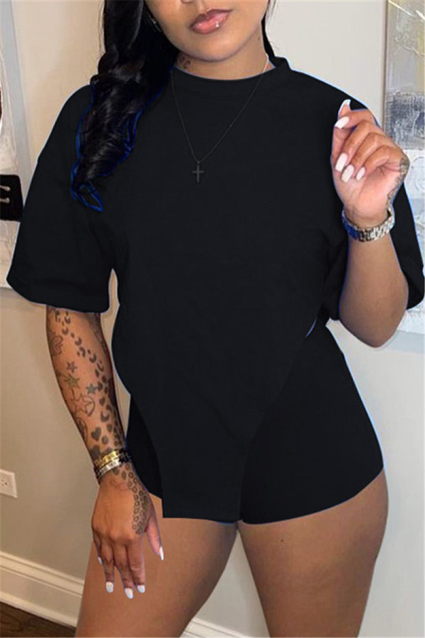 Black Fashion Casual Solid Asymmetrical O Neck Short Sleeve Two Pieces