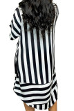 Black Fashion Casual Short Sleeves Turndown Collar Straight Mini Striped Print Dresses