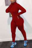 Red Casual Spandex Pit Article Fabrics Solid Fold Pants Zipper Collar Skinny Jumpsuits