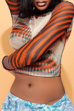 Tangerine Red Sexy Print Patchwork Turtleneck Tops