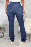 Dark Blue Sexy Solid Fold High Waist Straight Denim