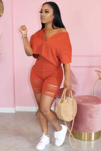 Orange Fashion adult Lightly cooked Patchwork Solid Hole Two Piece Suits HOLLOWED OUT Straight Half Sleeve Two Pieces