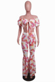 Red Fashion Sexy Print Backless Off the Shoulder Short Sleeve Two Pieces