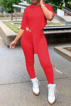Red Casual Solid Patchwork Hooded Collar Short Sleeve Two Pieces