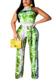 Green Fashion Sexy Print Tie-dyed Backless Sleeveless O Neck Jumpsuits