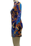 Blue Sexy Print Patchwork Turndown Collar Pencil Skirt Dresses