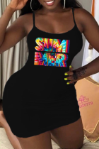 Black Sexy Print Patchwork Spaghetti Strap Pencil Skirt Dresses
