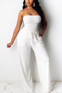 White Sweet Solid Patchwork Strapless Regular Jumpsuits