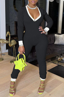 Black Sexy Solid Patchwork V Neck Regular Jumpsuits