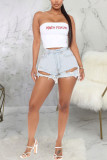 Baby Blue Sexy Casual Solid Ripped Buttons Mid Waist Straight Denim