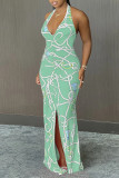 Red Fashion Sexy Print Backless Slit Halter Sleeveless Dress