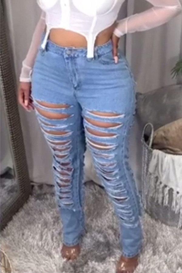 Baby Blue Sexy Solid Ripped High Waist Regular Denim