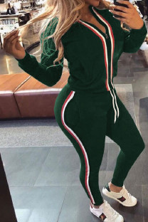 Black Green Drawstring Mid Solid Patchwork pencil Pants Two-piece suit