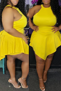 Yellow Fashion Sexy adult Ma'am O Neck Patchwork Solid asymmetrical Stitching Plus Size