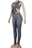 Black White Fashion Sexy Plaid Print Bandage Patchwork V Neck Sleeveless Two Pieces