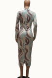 Green Sexy Milk Fiber Print O Neck Long Sleeve Ankle Length Pencil Skirt Dresses