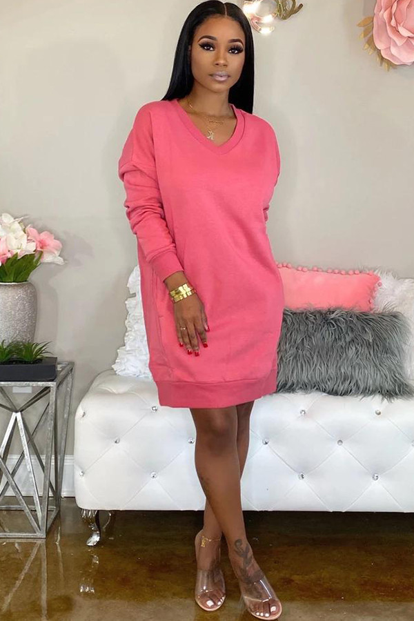Pink Sexy Cap Sleeve Long Sleeves V Neck Swagger Knee-Length Solid Long Sleeve Dresses