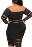 Red Sexy Solid Ripped Patchwork Bateau Neck Long Sleeve Knee Length Pencil Skirt Dresses