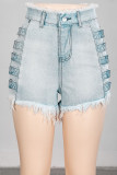 Light Blue Denim Zipper Fly Mid washing Old Zippered Straight shorts Bottoms