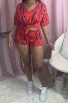 Red Fashion Casual adult Ma'am Print Two Piece Suits pencil Short Sleeve Two Pieces