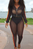 Red Fashion Casual Patchwork See-through Zipper Collar Long Sleeve Two Pieces