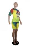 Yellow Fashion Casual adult Patchwork Print Character Two Piece Suits Straight Short Sleeve Two Pieces