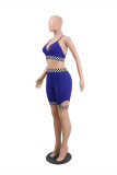 Blue Sexy Casual Patchwork Hollowed Out Backless V Neck Sleeveless Two Pieces