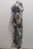 Black And White Sexy Print Patchwork V Neck Short Sleeve Two Pieces