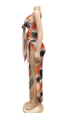Rose Red Sexy Print Hollowed Out O Neck Irregular Dress Dresses