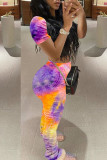 purple Fashion Casual Print Two Piece Suits pencil Short Sleeve Two Pieces