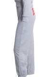 Grey Elastic Fly Mid Patchwork Print Solid Straight Pants Bottoms
